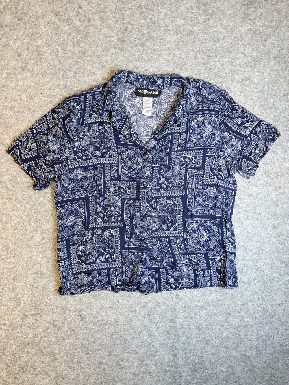 Vintage Sag Harbor Shirt Womens M Blue White Bandana Medallion Boho Rayon Button